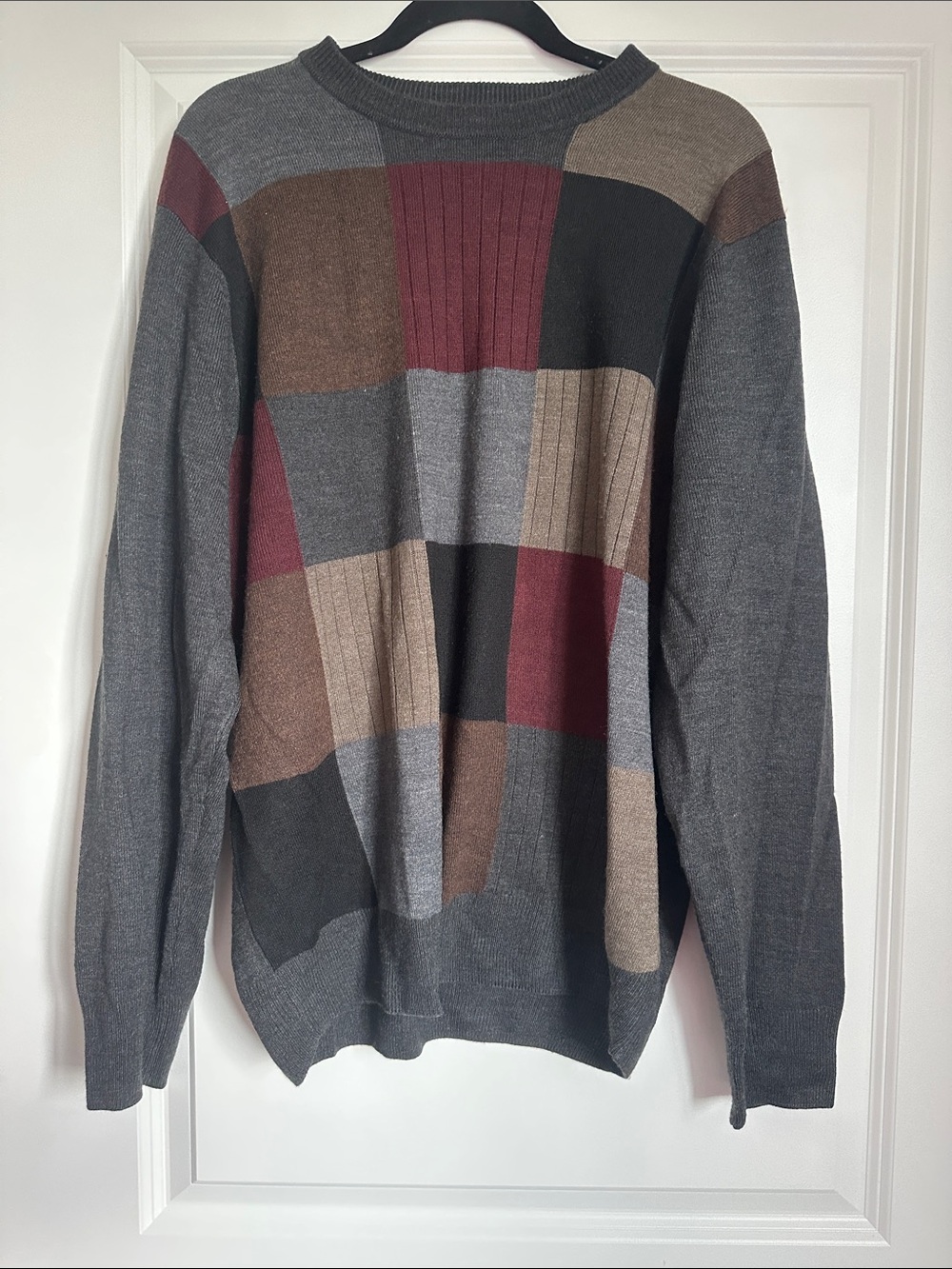 Dockers Men's Patchwork Crewneck Sweater - Gray, Brown & Burgundy